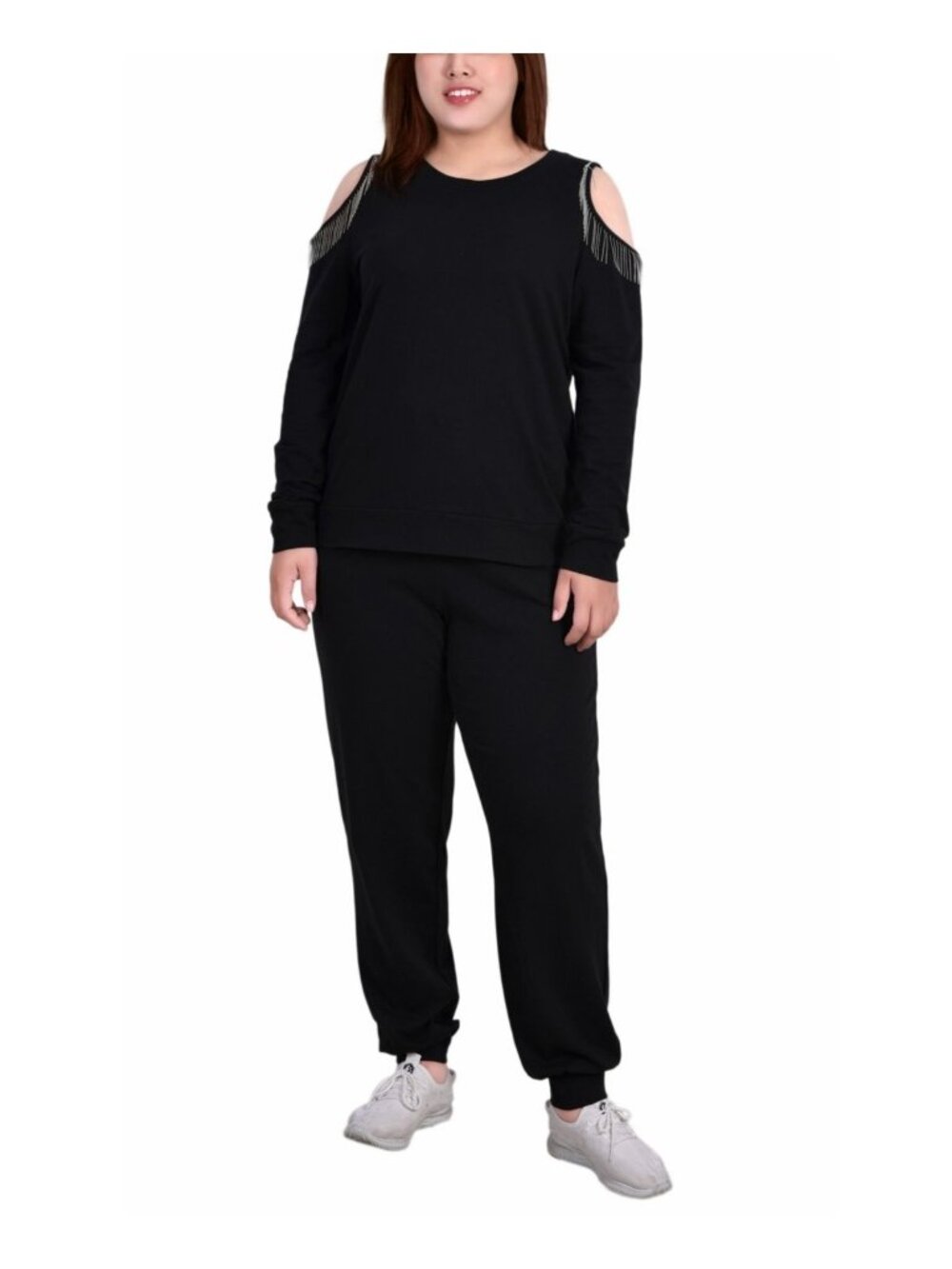 NY Collection Womens Plus Long Sleeve Cold Shoulder Jogger Set Black Size 2X NWT